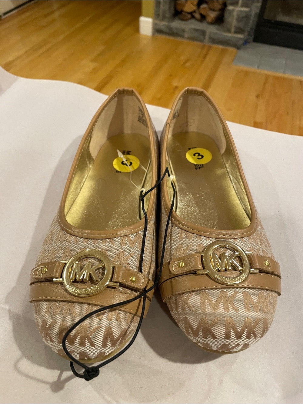NWT Michael Kors Girls Tan Logo Canvas Ballet Flats with Gold MK Emblem